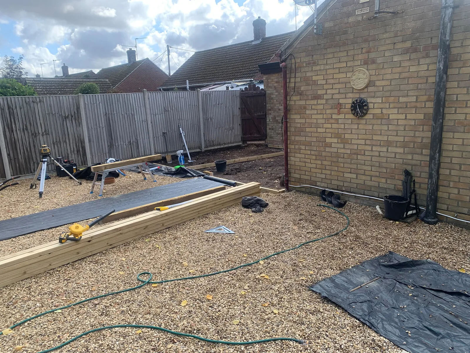 Garden landscaping in progress with membrane and gravel – Fines Landscaping, West Norfolk